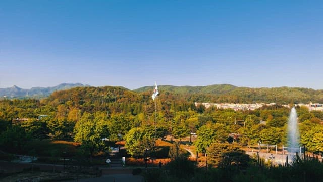 Park surrounded by trees with fountain and Korean flag