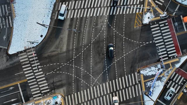 Overhead View of Snowy Intersection with Traffic