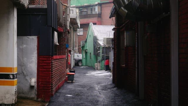 Quiet alley in a residential area on a rainy day