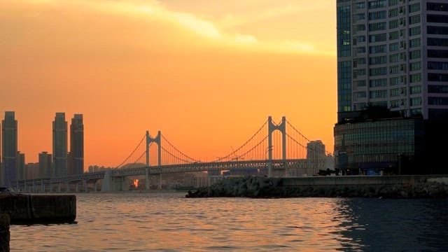 Sunset over the city skyline and bridge