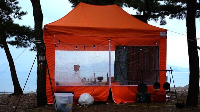 Orange tent set up between trees on a cloudy day