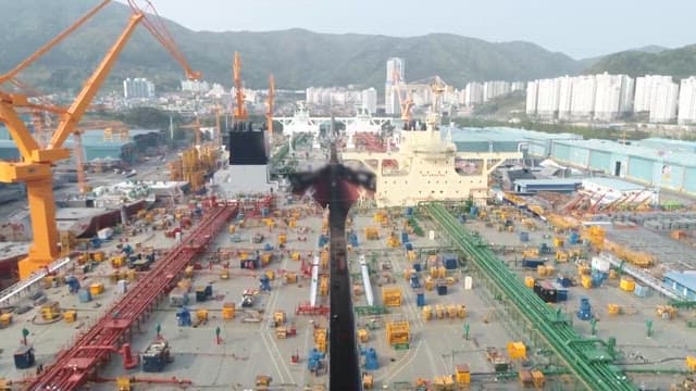 Shipyard with large cranes assembling vessels