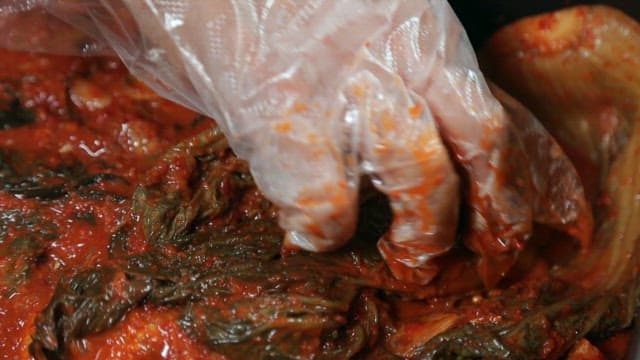 Hand mixing kimchi with seasoning