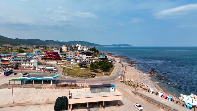 Coastal village with colorful buildings