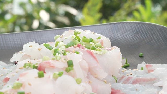 Plate of fresh raw fish topped with green onions and sesame seeds
