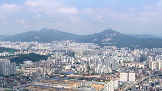 Urban view with a variety of high-rise buildings densely packed together
