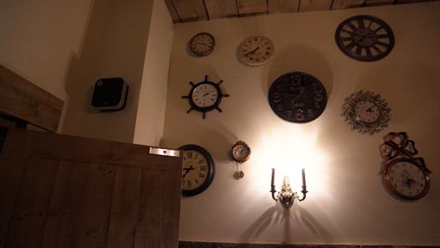 Various clocks hanging on a wall