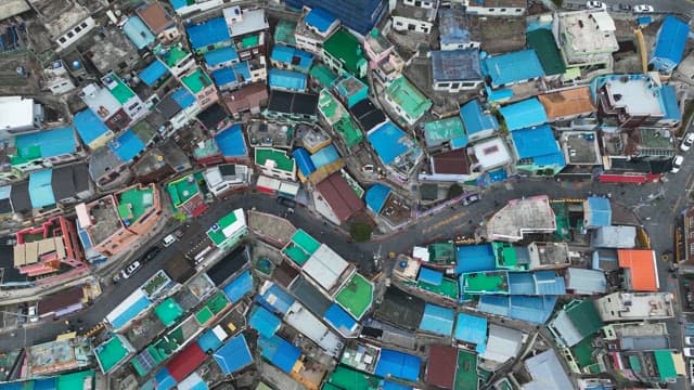 Colorful rooftops in a dense urban area