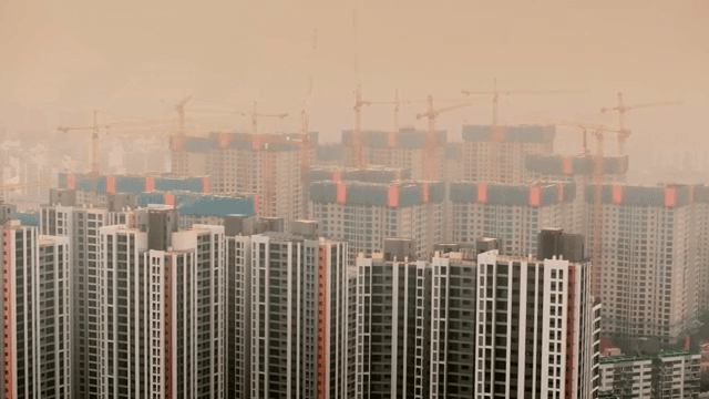 Apartment construction site with heavy yellow dust