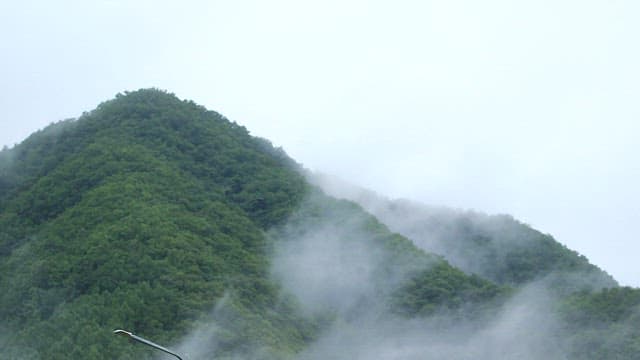 Green misty mountains near Chuncheon street sign