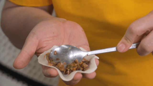 Hands preparing dumplings with filling with spoon