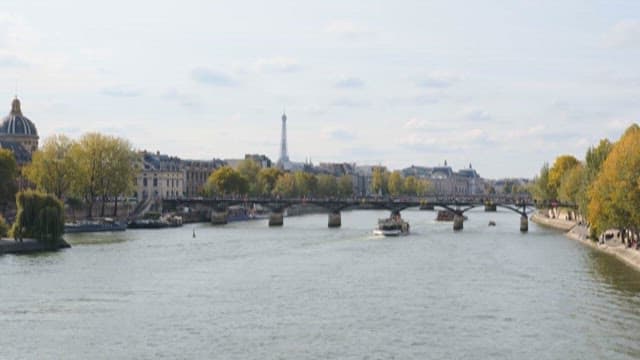 Serene Seine River View with Historic Bridge and Tower