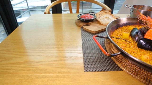 Delicious seafood paella on a table