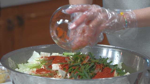 Fresh kimchi made with fresh cabbage, various vegetables, and red pepper powder