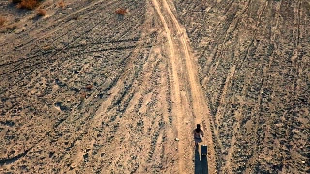 Person walking on a dirt path with luggage in a barren field.