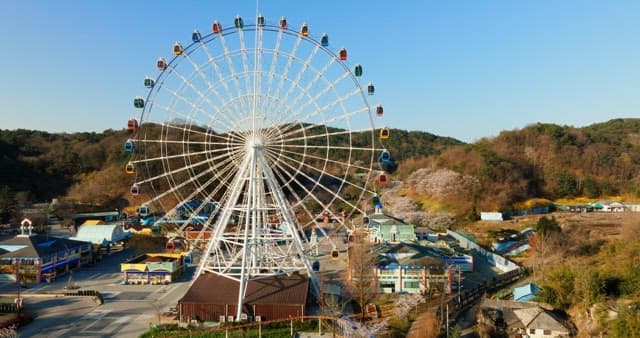View of a colorful Ferris wheel and theme park