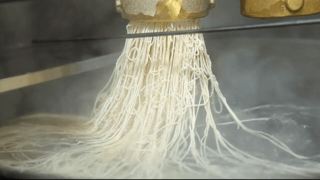 Wheat noodles being extruded into boiling water