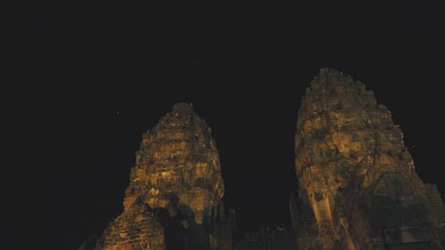 Night View of Stone Architecture Where Monkeys Living