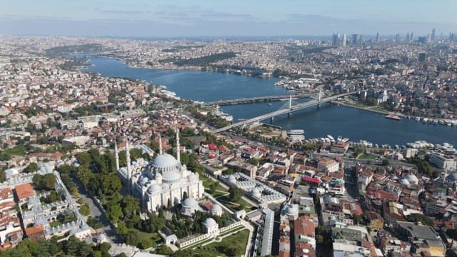 Aerial View of Bustling City and Historic Mosque