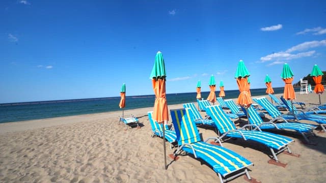 Empty beach with colorful umbrellas and beach chairs on a sunny day
