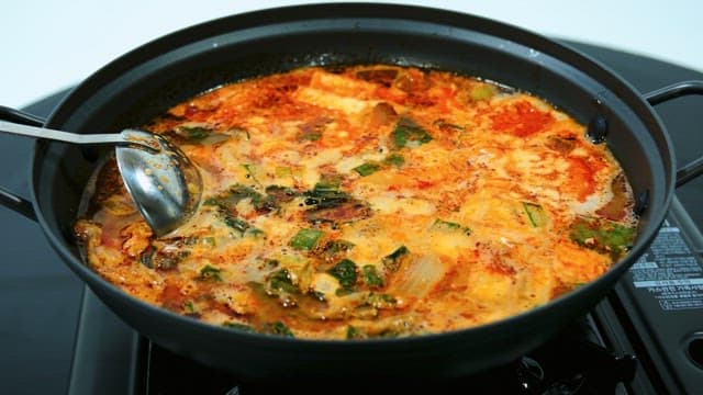 Spicy traditional Korean stew in a pot