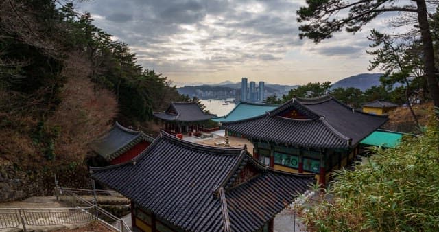 Tranquil temple view from day to night
