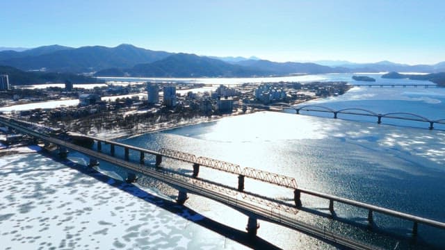 Aerial View of Town with Bridges and River