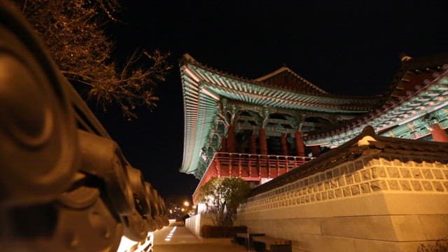 Traditional structure illuminated at night