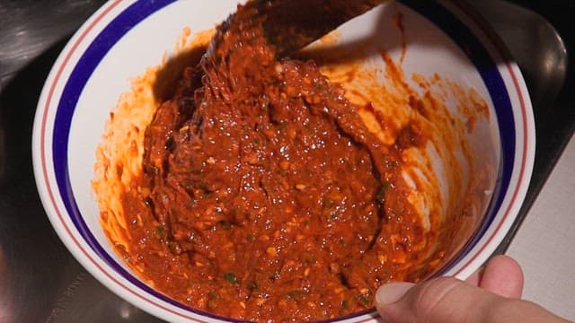 Sauce made with salted guts of hairtail mixed in a bowl