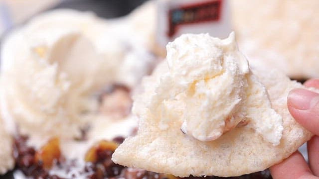 Crispy rice puffs topped with ice cream and chestnut and red bean sauce