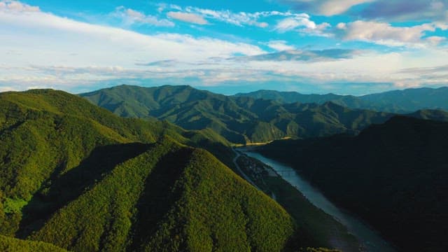 Serene River Winding Through Lush Mountains