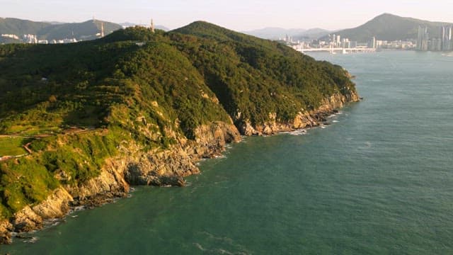 Coastal cliffs with city skyline