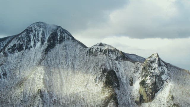 Snowy Mountain Peaks under Cloudy Sky