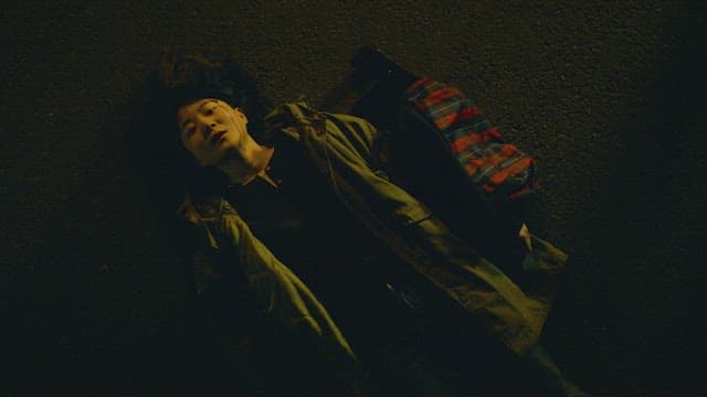 Woman lying on the street at night with her head bleeding