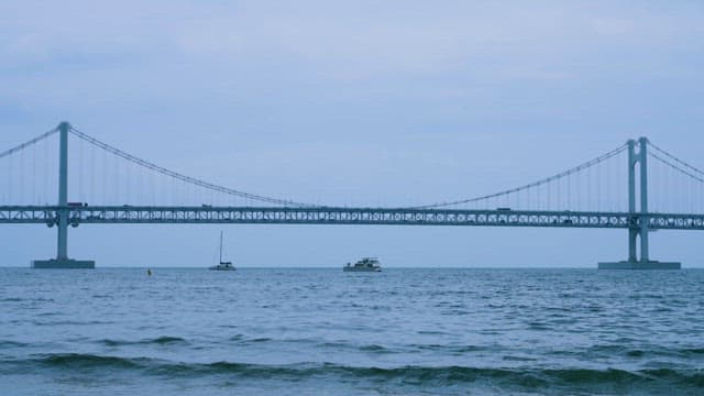 Overcast Calm Seascape Featuring Suspension Bridge