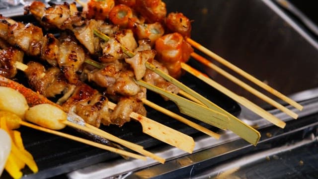 Various types of skewers grilled until golden brown