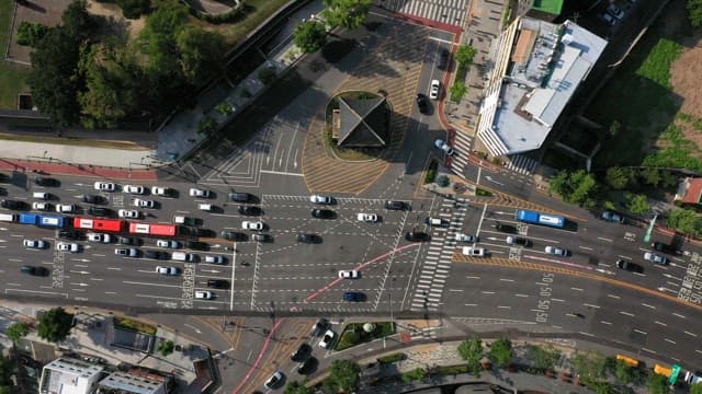 Overhead View of Busy Urban Intersection