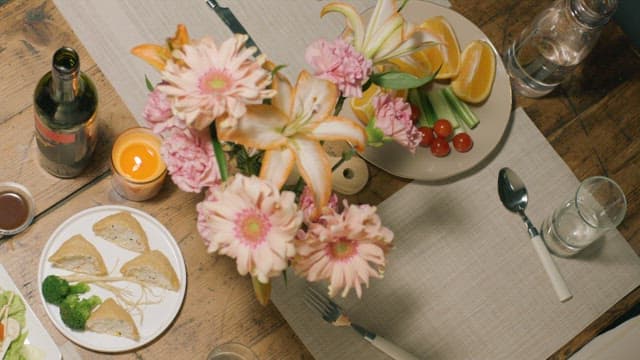 Dining Wood Table with Hearty Meals