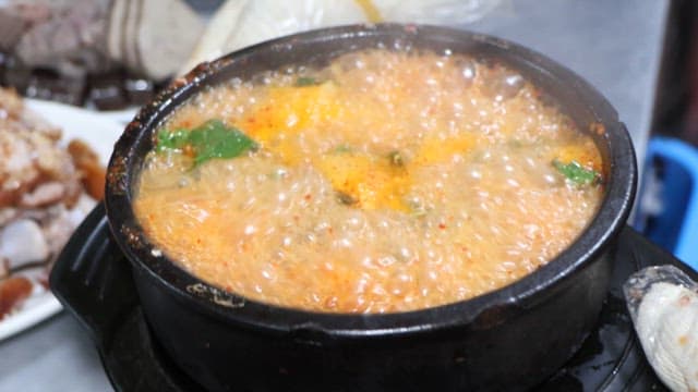 Bubbling Sundae Gukbap in a stone pot