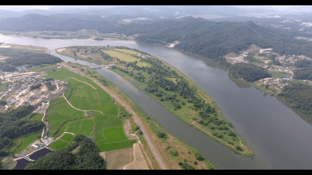 Aerial view of a river and surrounding fields
