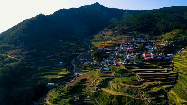 Scenic Aerial View of Terraced Fields and Village