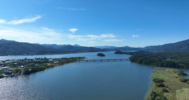 Scenic river with a bridge and mountains
