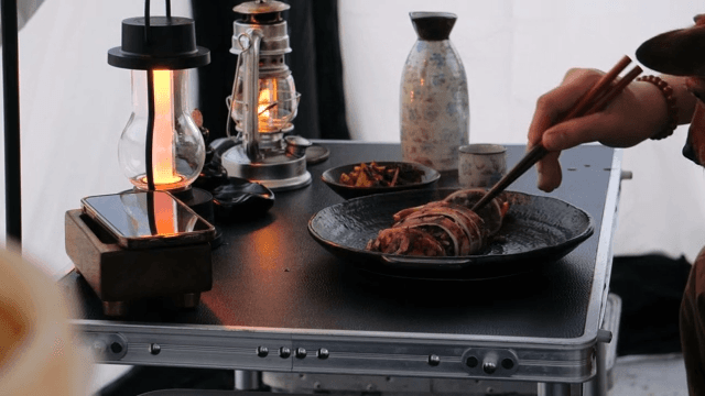 Eating Squid Sundae in a Camping Tent