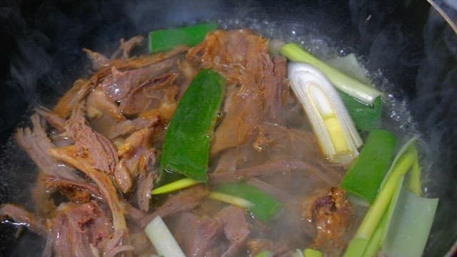 Cooking meat and green onions in a frying pan on the stove