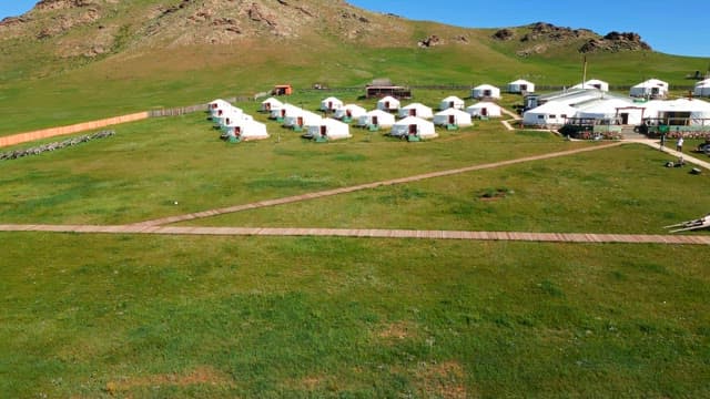 Scenic view of traditional yurts in a grassy field