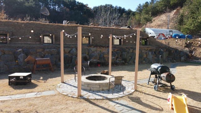 Outdoor seating area with a fire pit