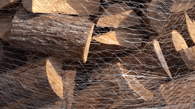 Stacked firewood wrapped in netting