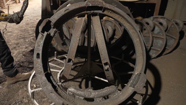 Worker moves a manhole cover with a machine