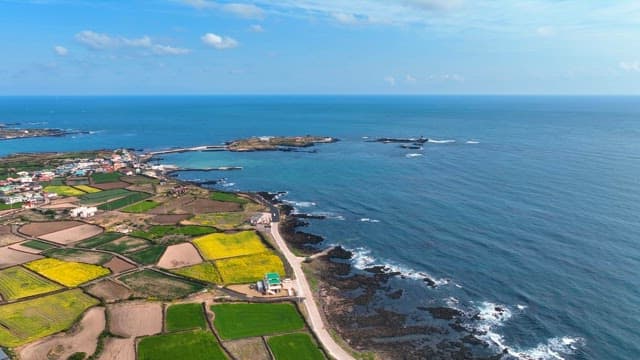 Coastal village and farmland by the sea