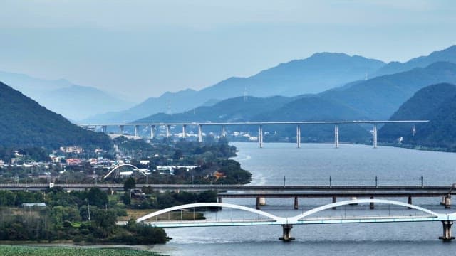 River with bridges and distant mountains